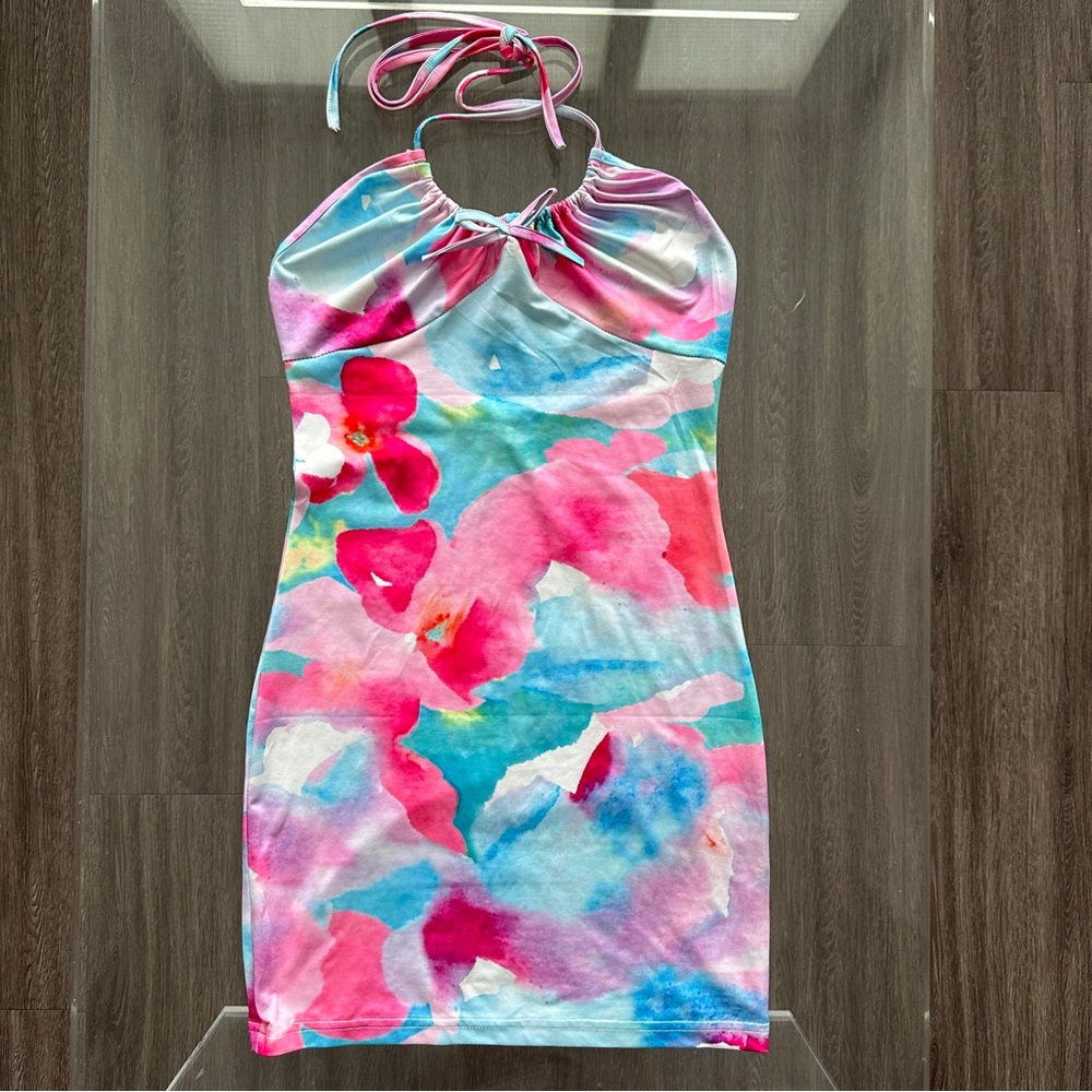 Pink Blue Floral Dye Print Mini Halter Tie Neck Dress Sz Small
